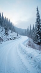 Fototapeta premium Snowy mountain road winding through forest with tall pine trees and winter mist