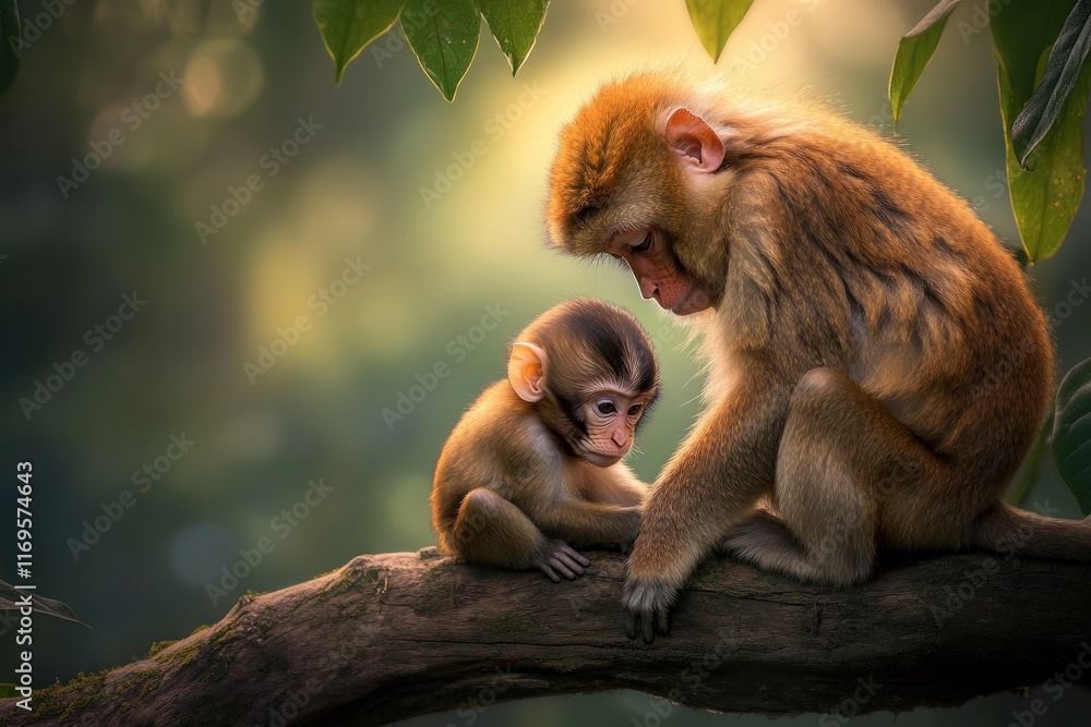 Poster a mother monkey tenderly cradles her infant on a tree branch, bathed in soft sunlight filtering thro