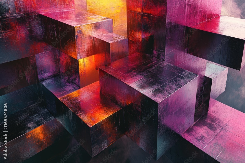 Poster abstract 3d rendering of interlocking metallic cubes with vibrant red and purple hues.