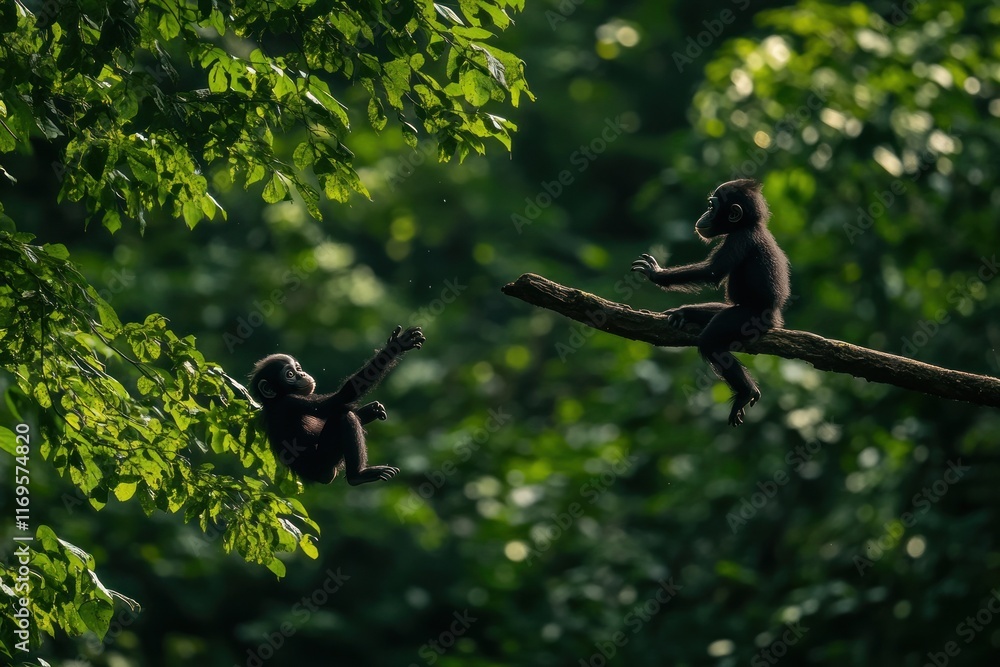 Poster two playful monkey babies swinging and reaching on tree branch in lush green forest.