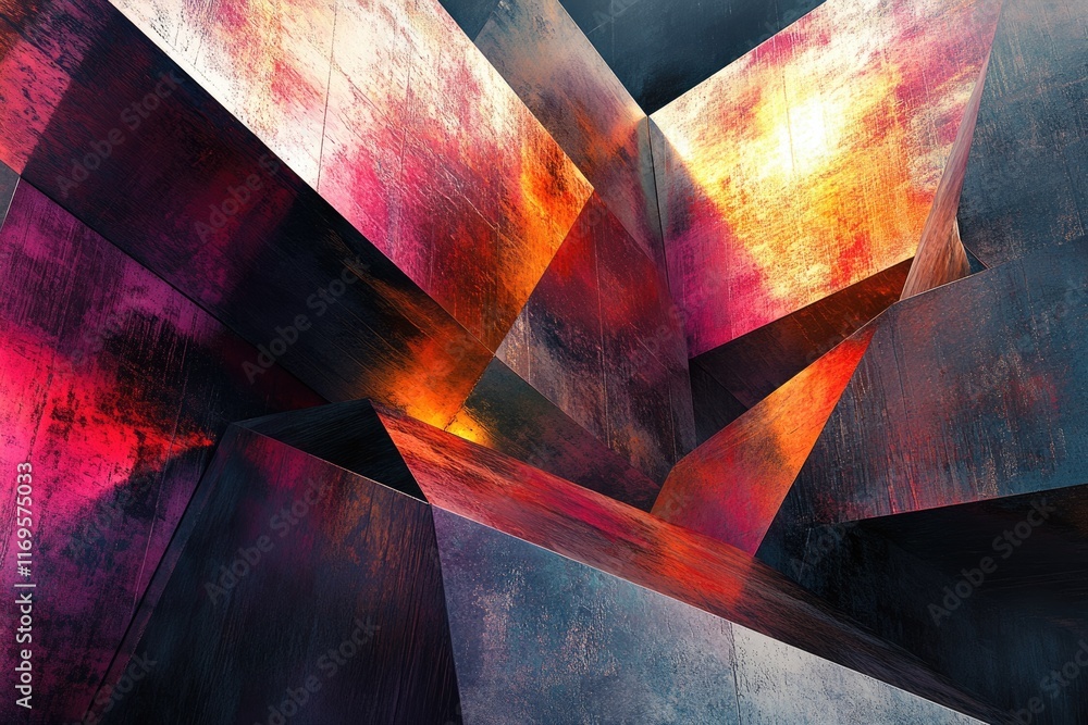 Poster abstract artwork of intersecting metallic geometric shapes with vibrant red, orange, and dark hues, 