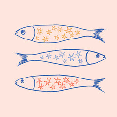 hand drawn sardines, vector illustration, seamless pattern, trendy, fashion, textile, fabric