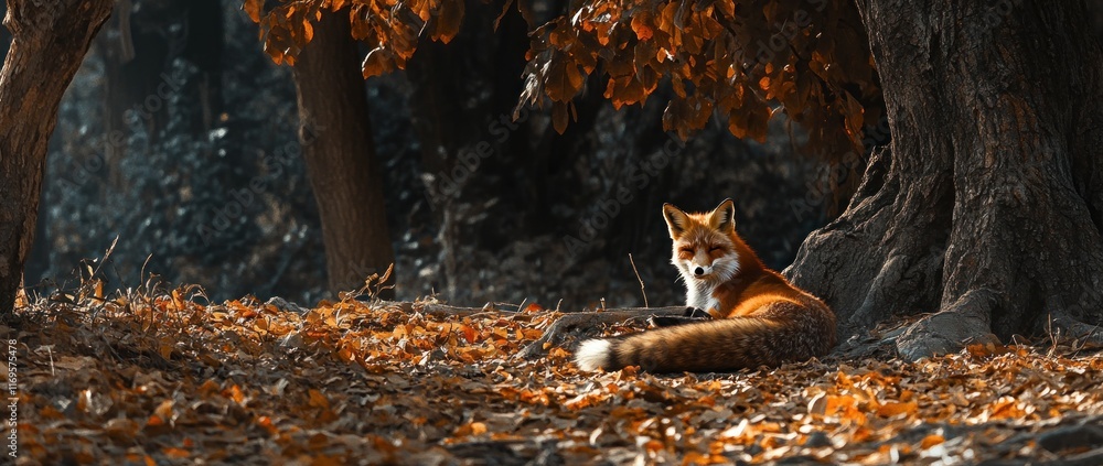 Aufkleber red fox resting under autumn trees in a forest.