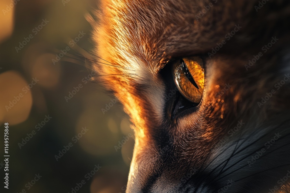 Poster close-up of a red fox's eye, illuminated by golden sunlight.