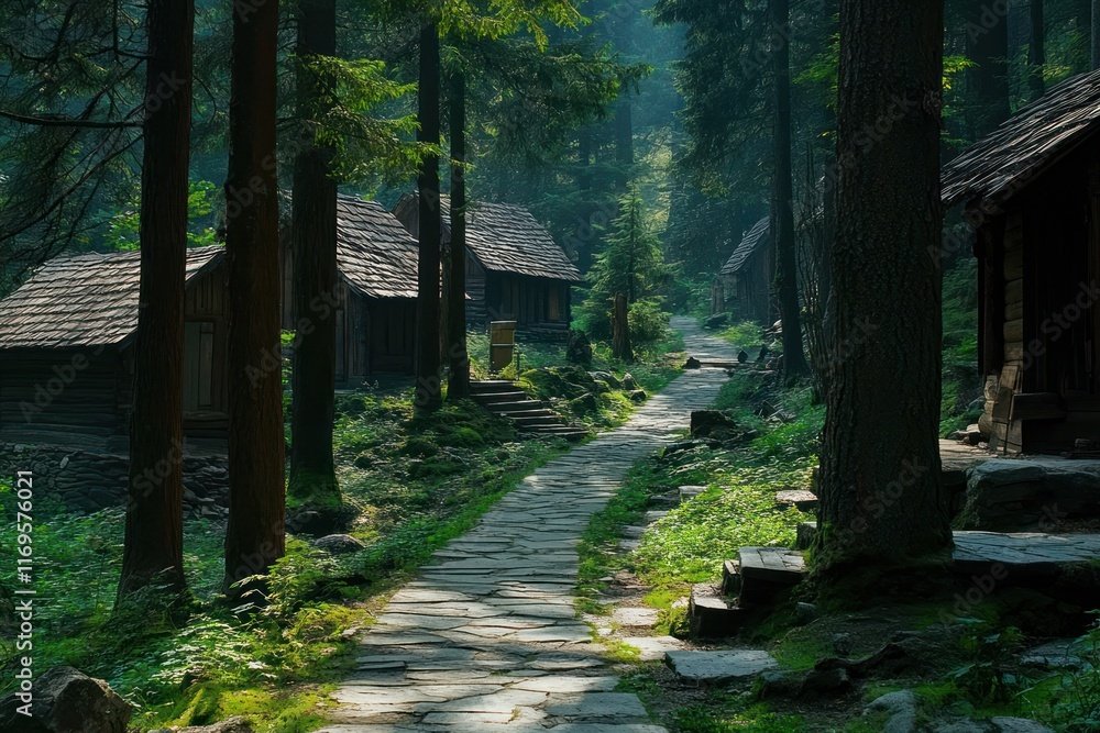 Poster stone path winding through a misty forest with rustic wooden cabins.
