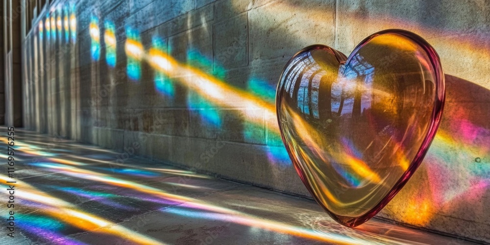 Poster light reflections passing through a glass heart create vibrant rainbow patterns on a textured wall i