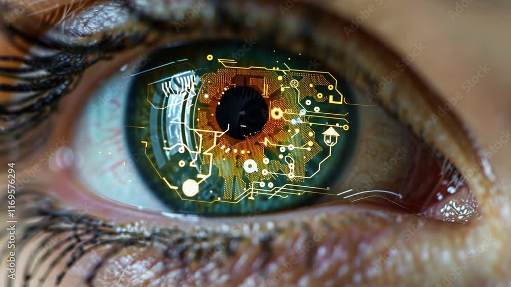 Aufkleber close-up view of a human eye showcasing vibrant circuit designs within the iris. this artwork symbol