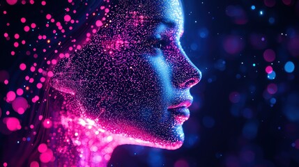 Obraz premium Woman's particle face, dark background, glowing particles.