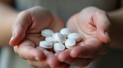 Close-up of a person's hands holding a handful of white pills and a glass of water.
