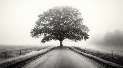 Solitary Tree Stands Tall Beside Foggy Road