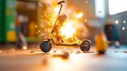 Exploding electric scooter with sparks and debris.