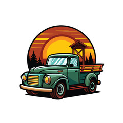 Vintage green pickup truck with wooden bed parked at a countryside setting with sunset background. © arisadobe