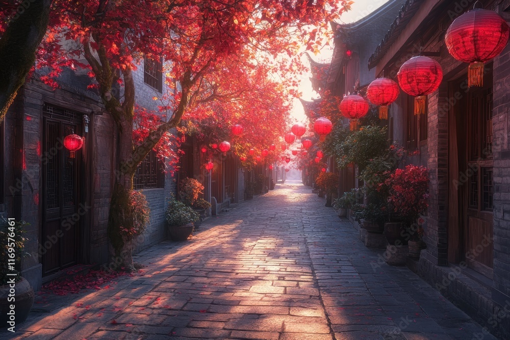 Poster Sunlit cobblestone alleyway in autumn, adorned with red lanterns and maple trees.