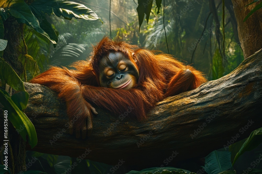 Poster relaxed orangutan sleeping on a tree branch in a lush rainforest.