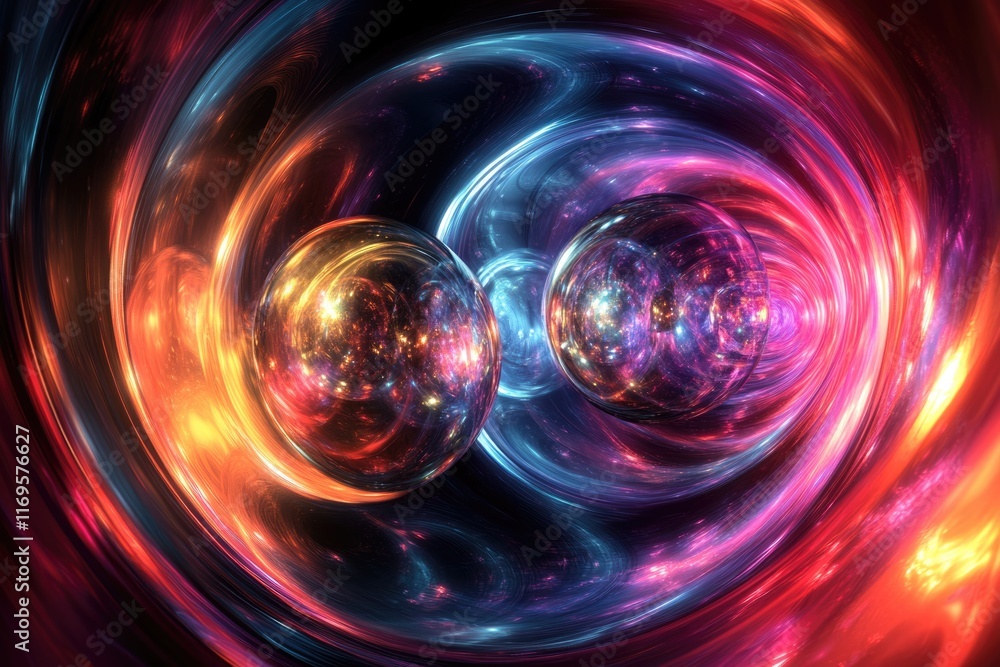 Poster two reflective spheres float within a swirling, vibrant nebula, creating a mesmerizing cosmic scene.