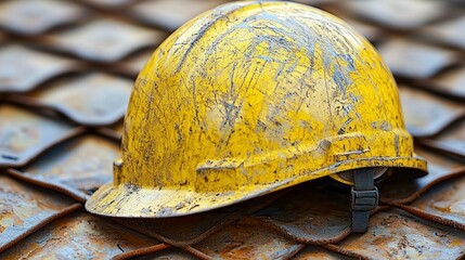 Worn hard hat rests on rusty metal at construction site.