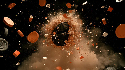 Clay pigeon shattering into pieces mid-air.