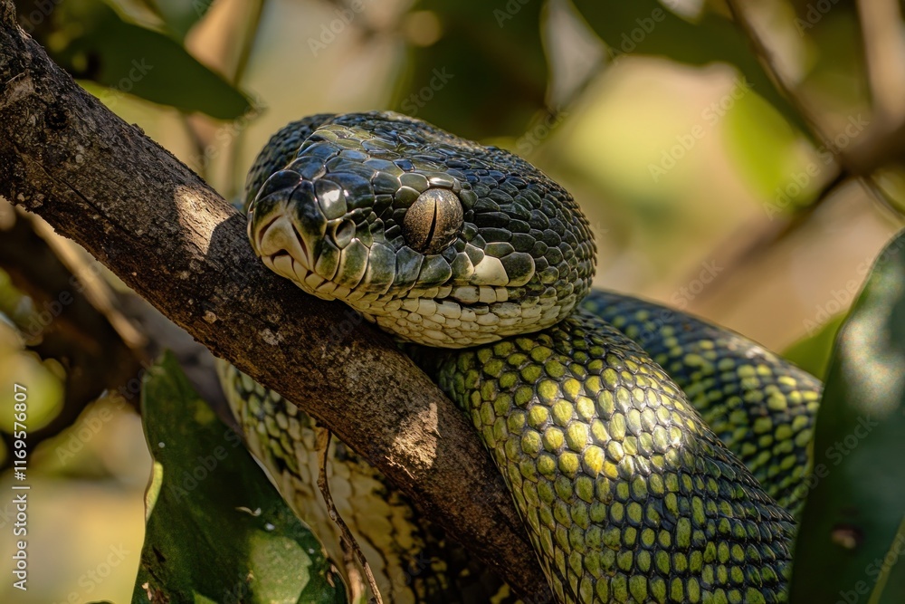 Poster Green tree python resting on a branch, eyes closed.