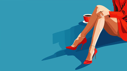 Stylish Woman Legs with Hot Coffee Cup on Blue Background