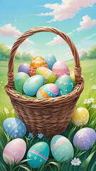Colorful easter eggs are nestled in a wicker basket and scattered on the green grass of a sunny meadow, creating a cheerful and festive scene.