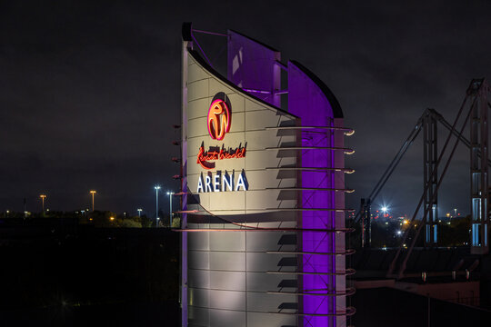 Resorts World Arena building sign illuminated at night, 19th November 2023 Birmingham, Solihull UK