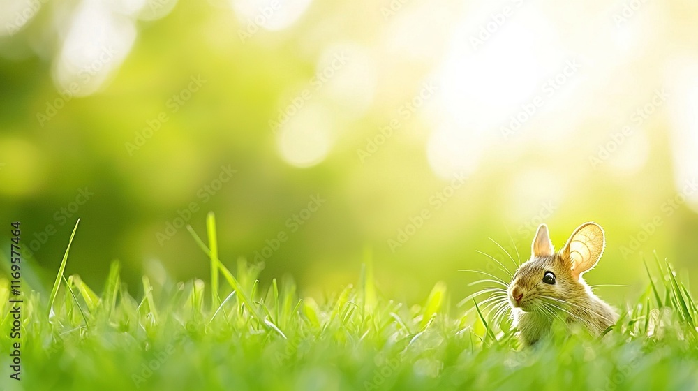 Poster a rabbit sits in a field surrounded by tall trees with beams of sunlight filtering through