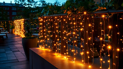Warm fairy lights illuminate a patio fence at dusk.