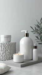 Spa-themed product arrangement with white cosmetic bottles, candle, towel, and olive branch on concrete slab in soft natural light
