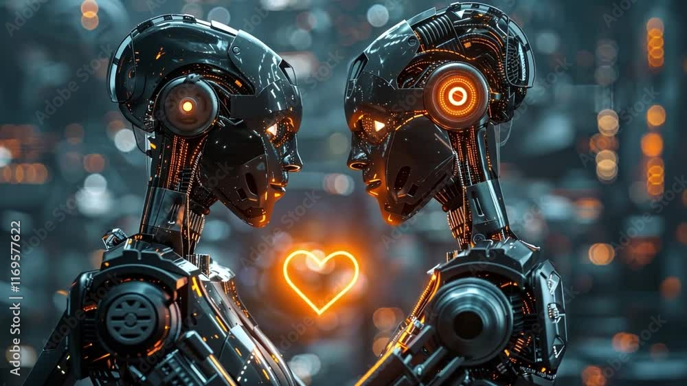 Poster two advanced robotic figures connect emotionally in a vibrant, futuristic setting, symbolizing love 