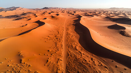 Aerial view of a desert road cutting through orange sand dunes.