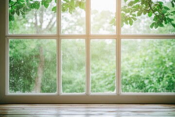Naklejka premium Rainy day view through a window with greenery in the background and raindrops on the glass