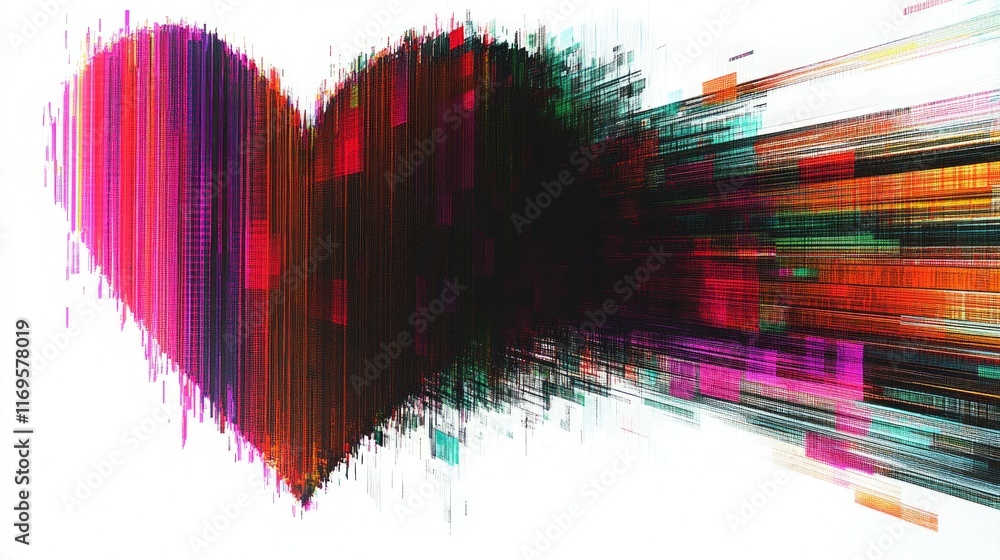 Poster creating a vibrant heart-shaped glitch effect with digital stripes and a burst of color and energy