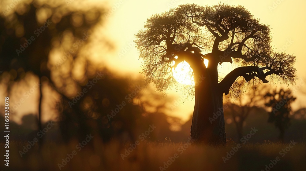 Poster a tree silhouette with sunset in the background is a field with grass and trees in the foreground