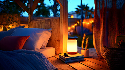 Cozy outdoor bed with warm lamplight at dusk.