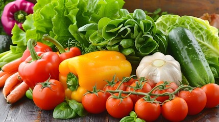 Fresh vegetables arranged on a wooden kitchen countertop, showcasing healthy food preparation.