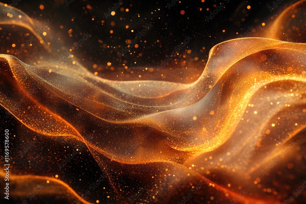 Poster abstract golden waves with glittering particles flow in dark space, creating a luxurious and magical