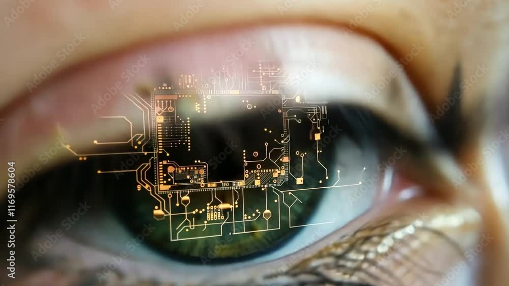 Poster A detailed close-up reveals an eye with reflections of complex circuit designs, highlighting the connection between human vision and advanced technology.