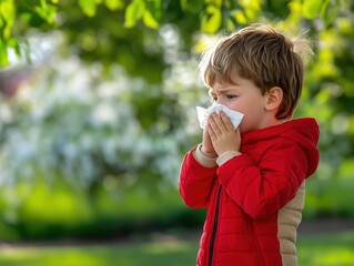 cute child sneezing outdoors into a handkerchief. Picture for hay fever, cold, allergies