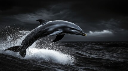 Obraz premium Dynamic Dolphin Leaping in Dark Ocean Waves