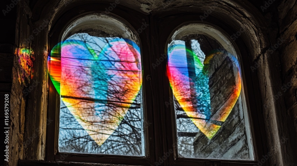 Poster light reflections through a glass heart create vibrant rainbow patterns in a serene indoor setting d