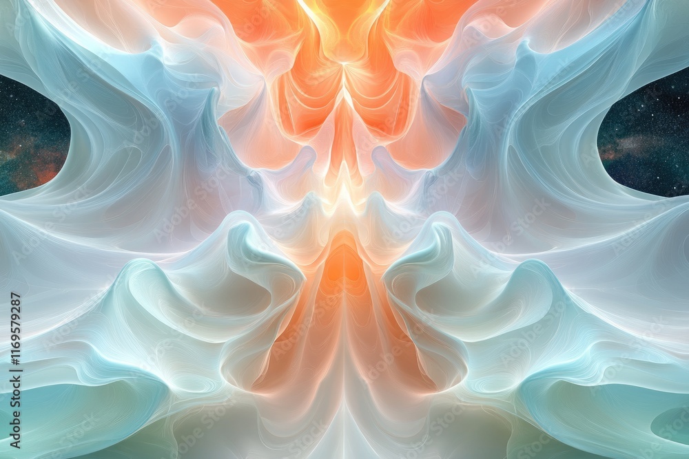 Poster abstract fractal art depicting swirling, pastel-colored clouds creating a mesmerizing, symmetrical p