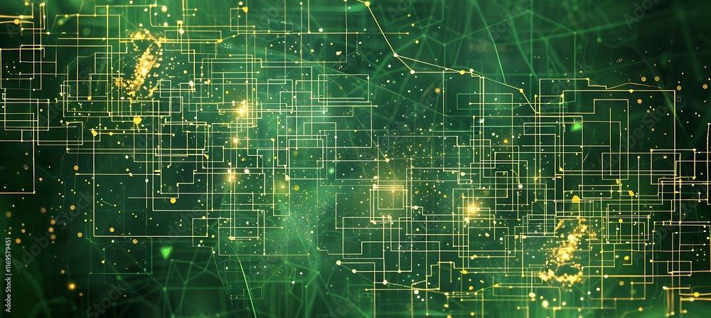 Poster a sleek green abstract background with shiny golden lines designed for artistic and professional use