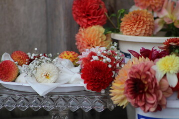 Wedding arrangement with dahlias.