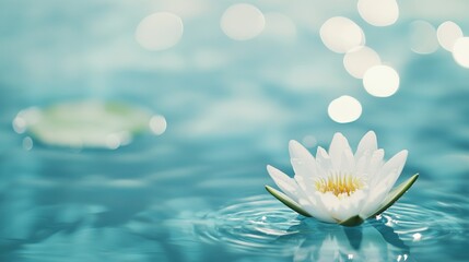   A white water lily floating on top of blue sky with white clouds in the background