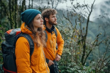 Fototapeta premium Two hikers wearing orange jackets and backpacks, standing in a misty forest on a mountain trail, admiring the serene and foggy landscape around them.