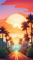 Colorful sunset over palm-fringed street, silhouettes creating stunning contrast, cars parked along road, perfect for showcasing urban lifestyle, travel, and adventure themes.