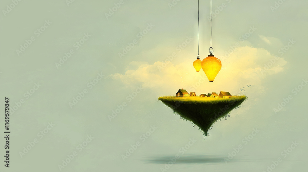 Poster a picture of a floating island with a house at its center and a light bulb dangling from its side