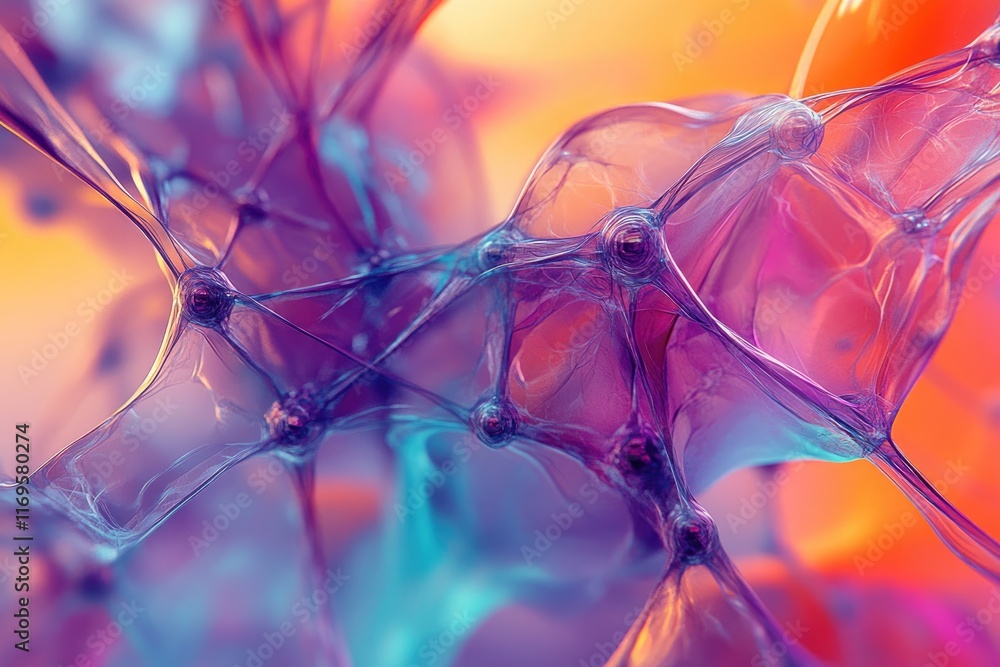 Poster abstract image depicting a vibrant, interconnected network of translucent, glowing nodes and filamen