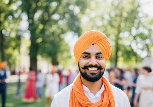 Smiling sikh man in orange turban at outdoor gathering - Powered by Adobe