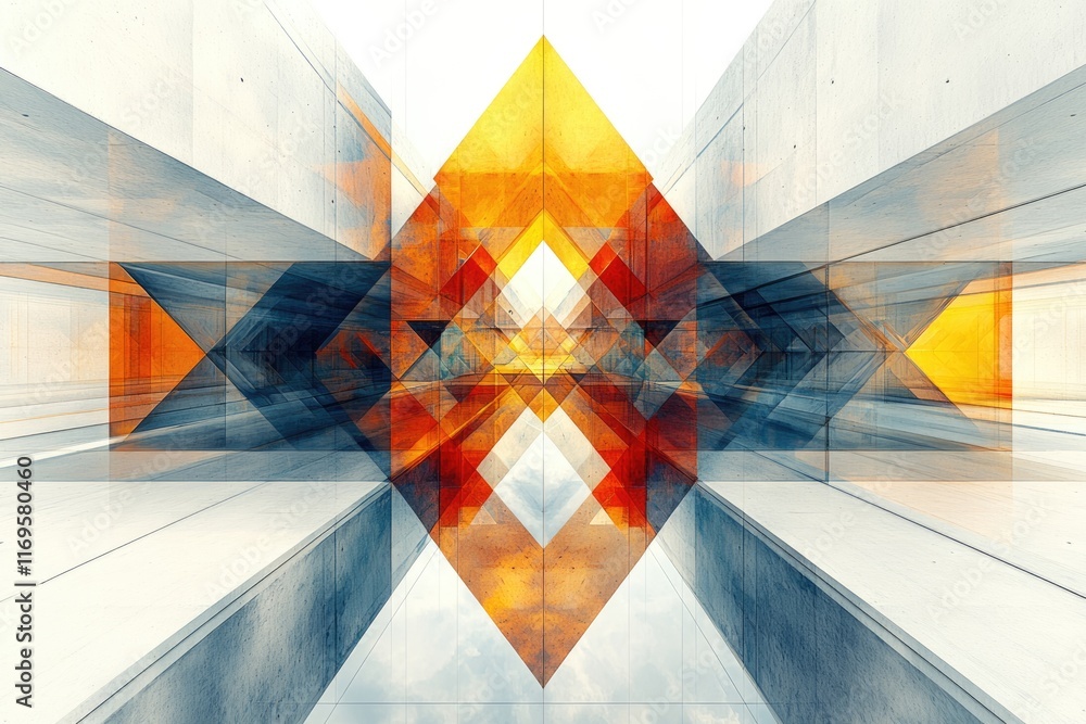 Poster abstract geometric art featuring an orange and gray mirrored architectural structure, creating a sym